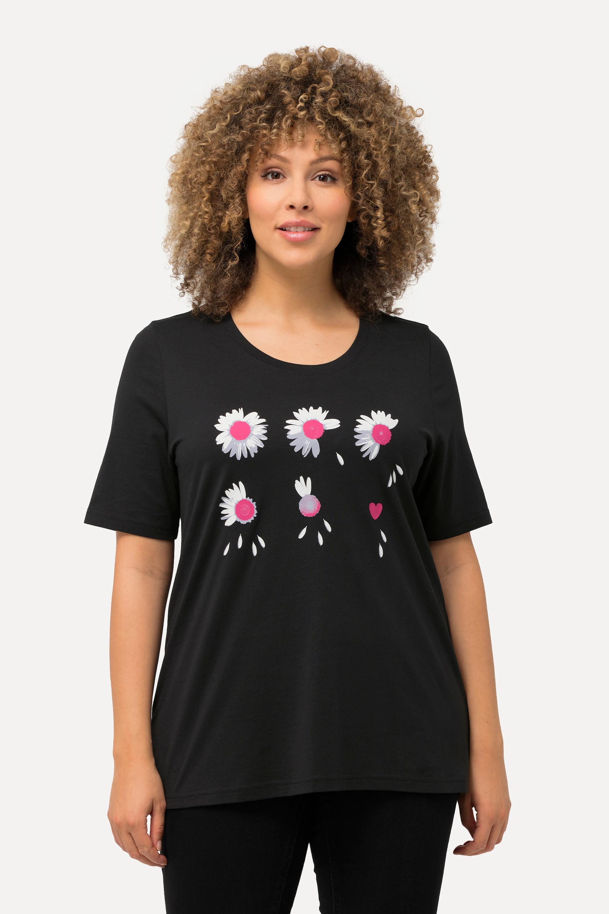 Ulla Popken  T-shirt classica con fiori, scollo a girocollo e mezze maniche 