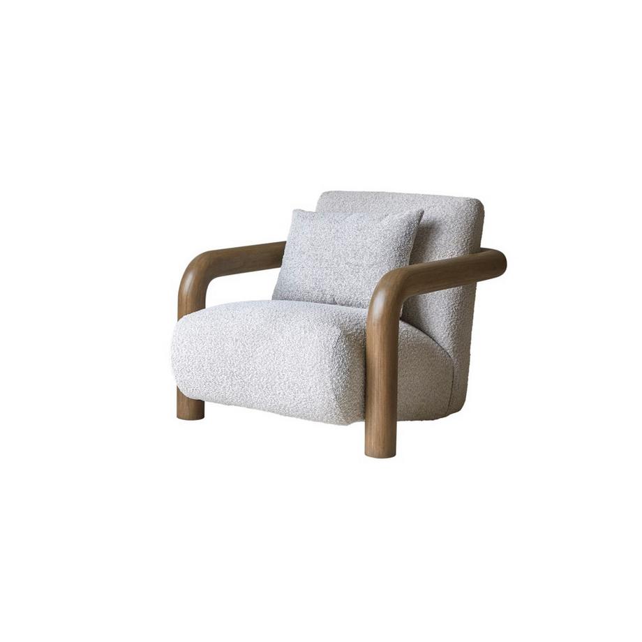 Fauteuil bas en mindi massif et tissu écru Nina