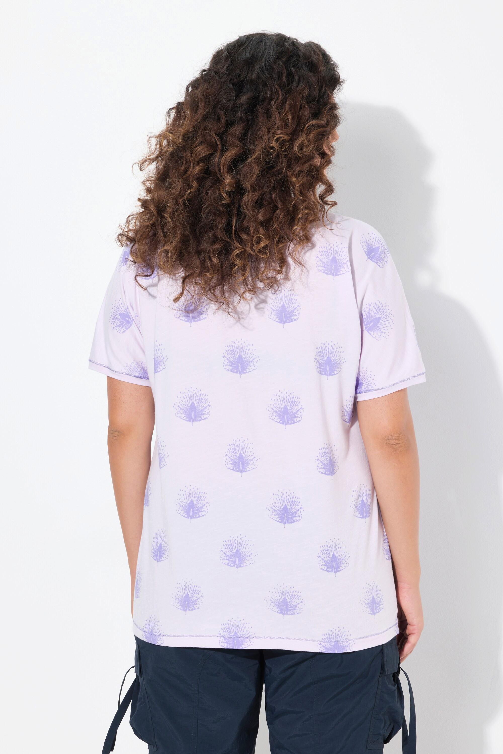 Ulla Popken T-shirt Oversize Stampa Pavoni Scollo a V Mezze Maniche  