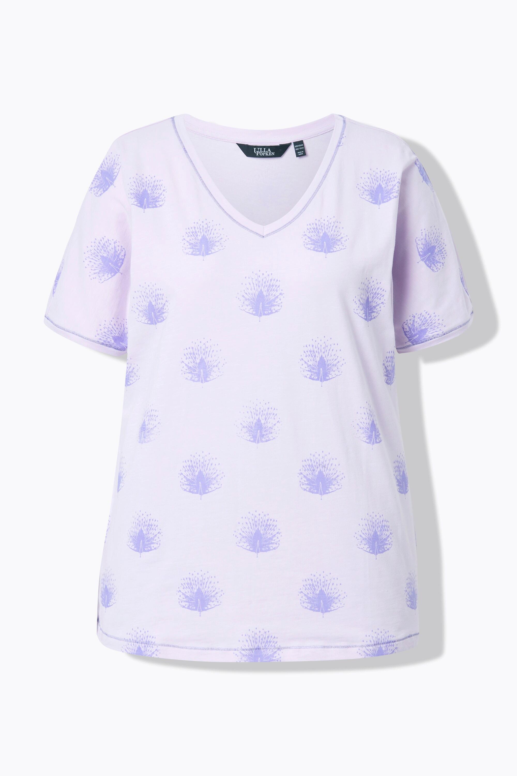 Ulla Popken T-shirt Oversize Stampa Pavoni Scollo a V Mezze Maniche  