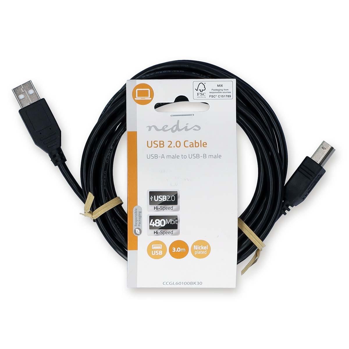 Nedis  Câble USB | USB 2.0 | USB-A mâle | USB-B mâle | 10 W | 480 Mbps | Nickelé | 3.00 m | Rond | PVC | Noir | Etiquette 