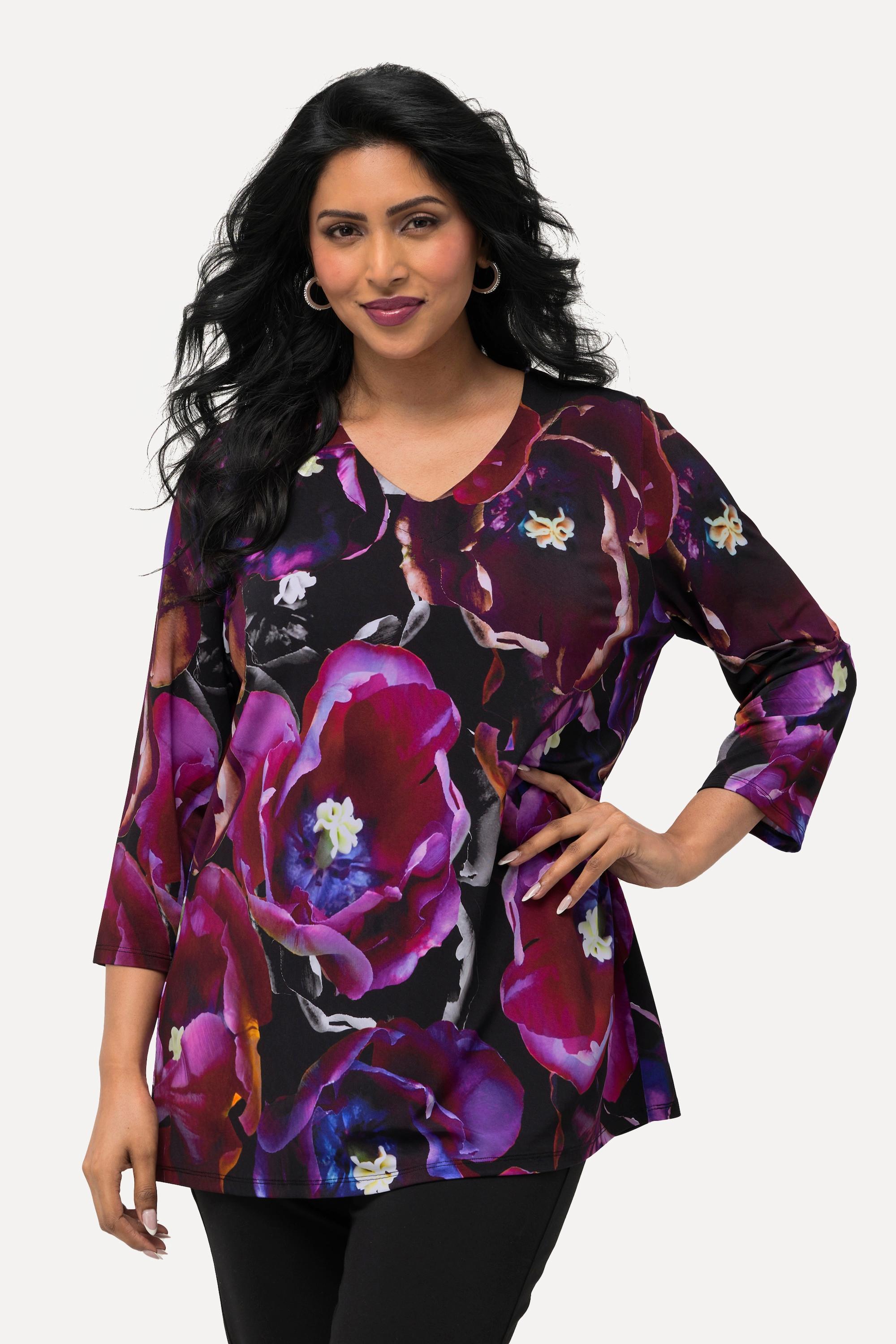 Ulla Popken  Slinkyshirt, Tulpen, V-Ausschnitt, 3/4-Arm 