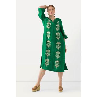 Ulla Popken  Robe maxi en lin avec fleurs brodées, col tunisien et manches 3/4 