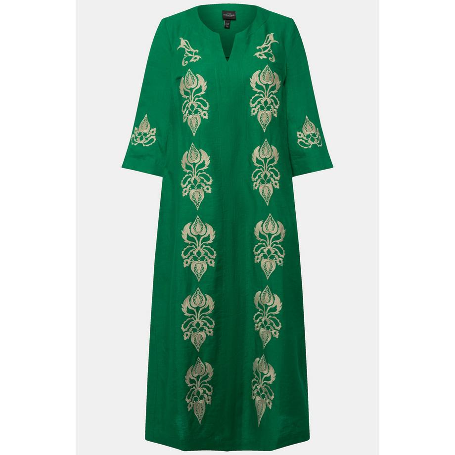 Ulla Popken Maxi Abito Lino Ricami Scollo Tunica Maniche 3/4  