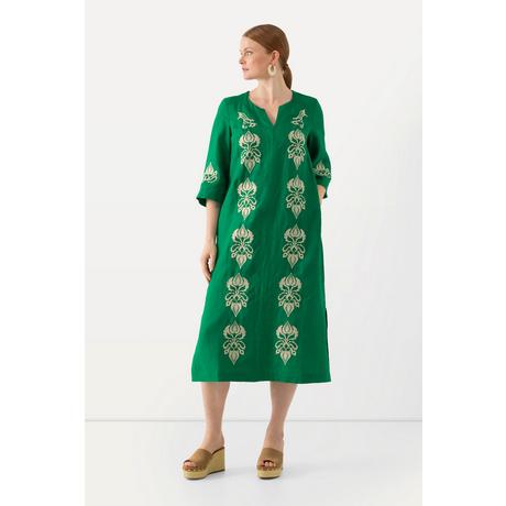 Ulla Popken  Robe maxi en lin avec fleurs brodées, col tunisien et manches 3/4 