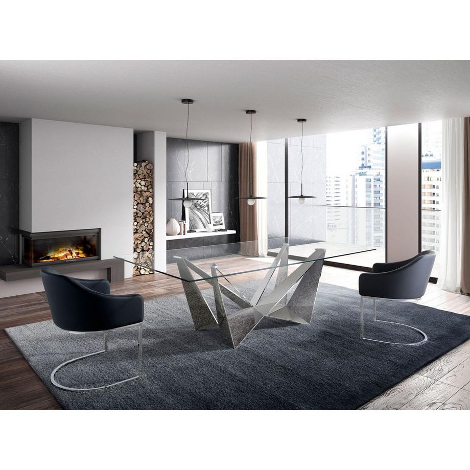 ANGEL CERDA Table à manger rectangulaire verre trempé et acier chromé  