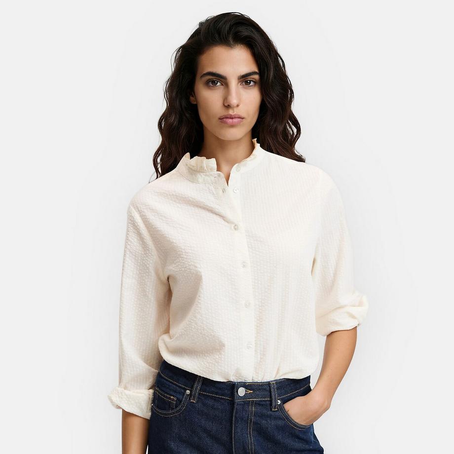 Chemise à col volanté manches longues en coton seersucker