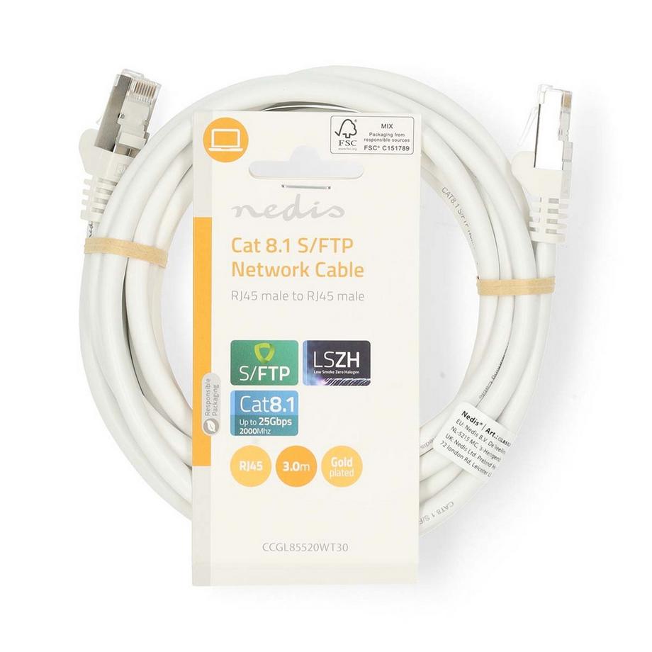 Nedis  Câble réseau Cat 8.1 | S/FTP | RJ45 mâle | RJ45 mâle | 3.00 m | Rond | LSZH | Blanc | Label 