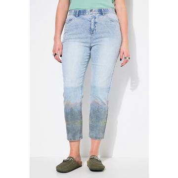 Jean Mom 5 poches, coupe Wide Legs, tissu imprimé sur le bas des jambes