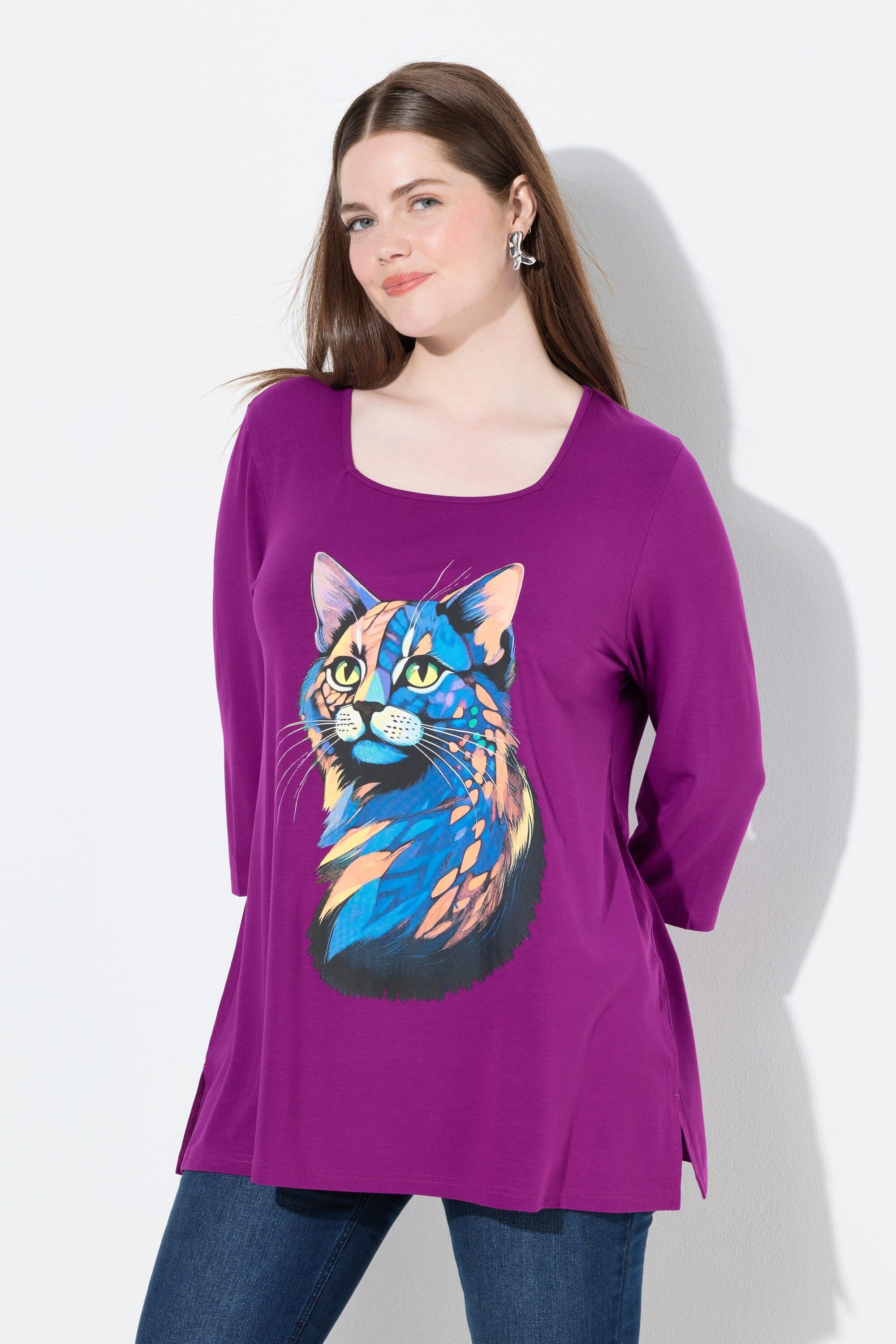 Ulla Popken T-shirt Encolure Carrée Manches 3/4 Coupe Évasée Motif Animal  