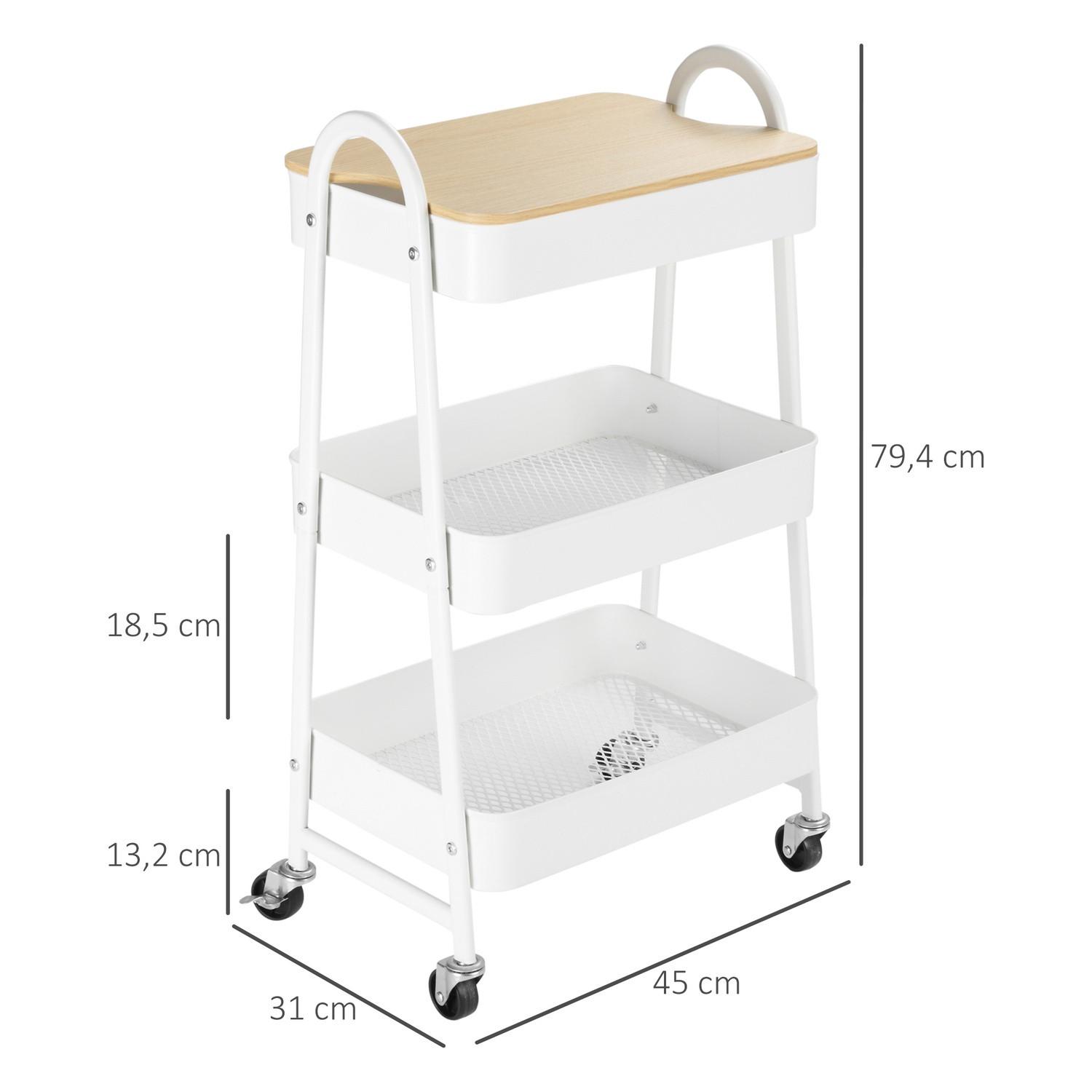 Northio Desserte De Cuisine Desserte En Métal À 3 Étages Avec Grand Espace De Rangement Et Couvercle, Pour Cuisine Et Bureau, Acier, Blanc, 45X31X79,4Cm  