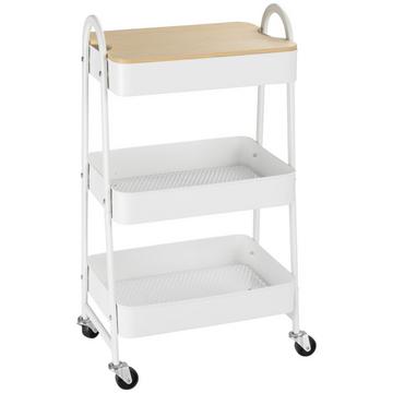Küchenwagen 3-Etagen Metallrollwagen Mit Großem Stauraum Und Deckel, Für Küche Und Büro, Stahl, Weiß, 45X31X79,4Cm