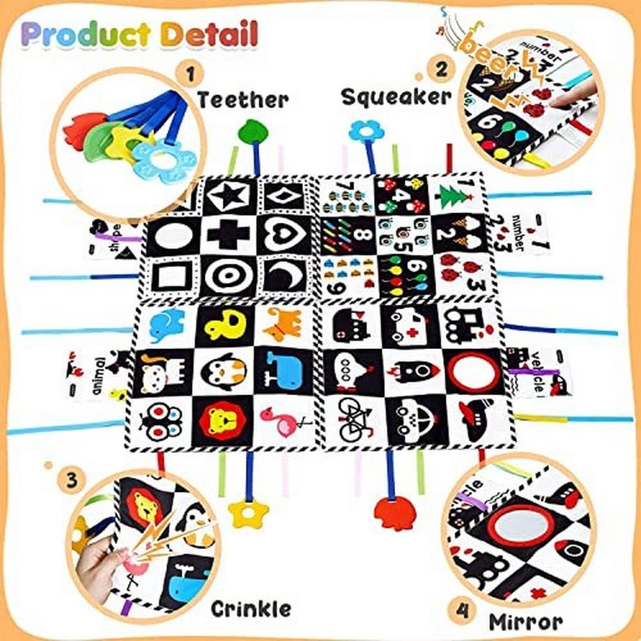 Activity-board Tapis d'entraînement de Vision noir et blanc à contraste élevé pour bébé, jouet avec miroir et anneau de dentition, jouet de poussette pour siège de voiture  
