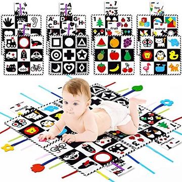 Babymatte Hoher Kontrast Schwarz-Weiß-Sehtrainingsmatte Babyspielzeug mit Spiegel und Beißring