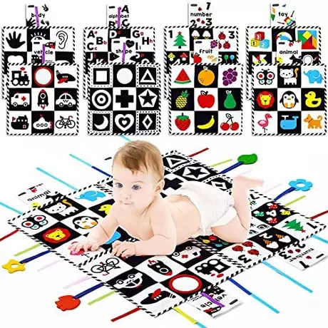 Activity-board Tapis d'entraînement de Vision noir et blanc à contraste élevé pour bébé, jouet avec miroir et anneau de dentition, jouet de poussette pour siège de voiture  