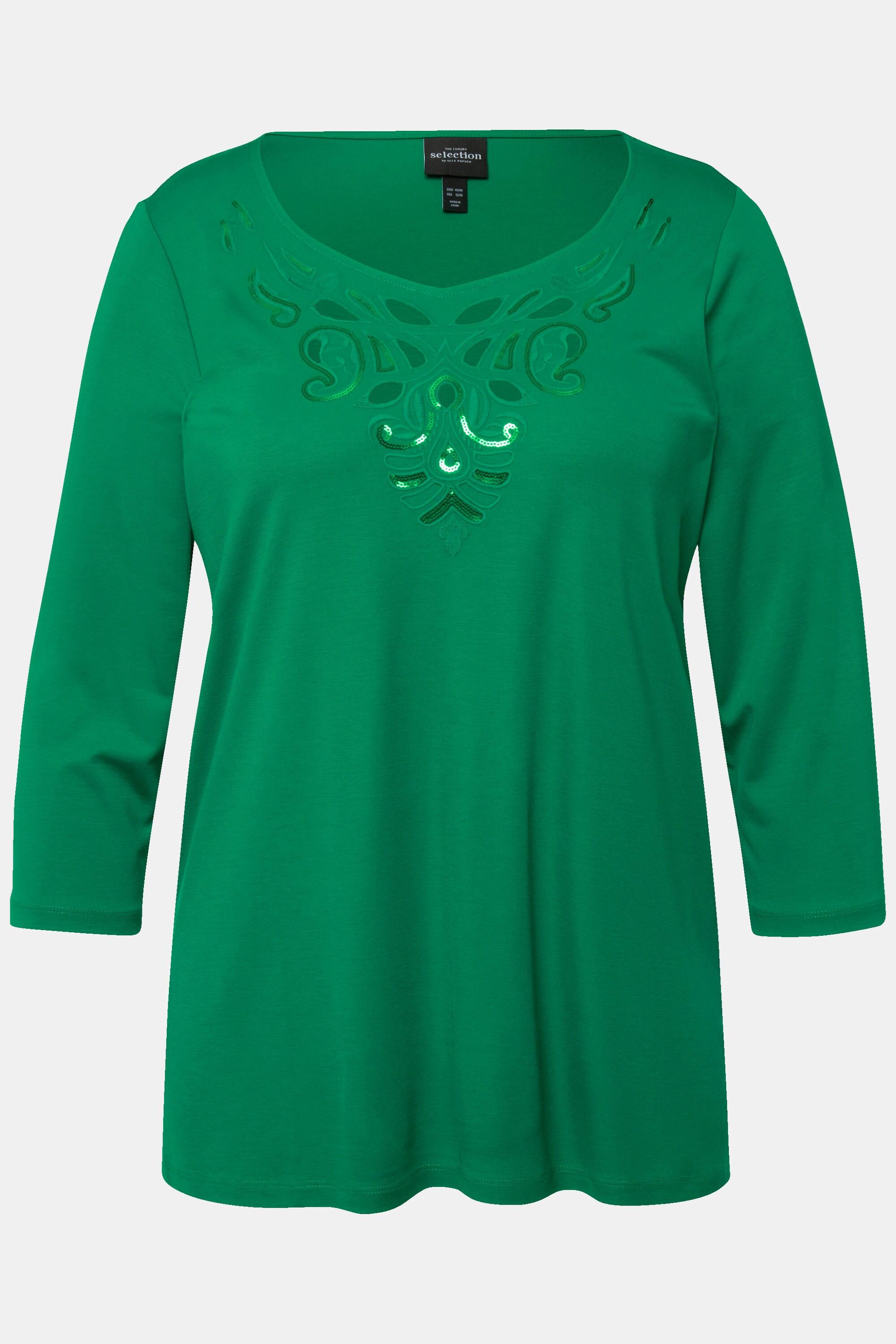 Ulla Popken Classic Ricamo Scollo a Cuore Maniche 3/4 Maglia  