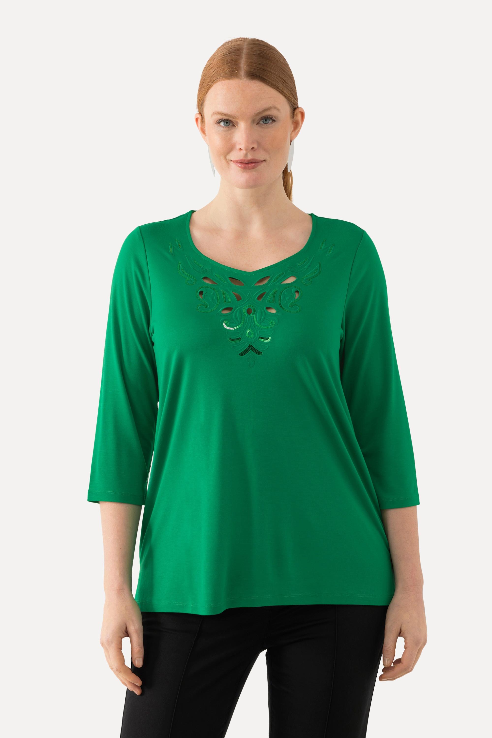 Ulla Popken  Shirt, Stickerei, Classic, Herzausschnitt, 3/4-Arm 