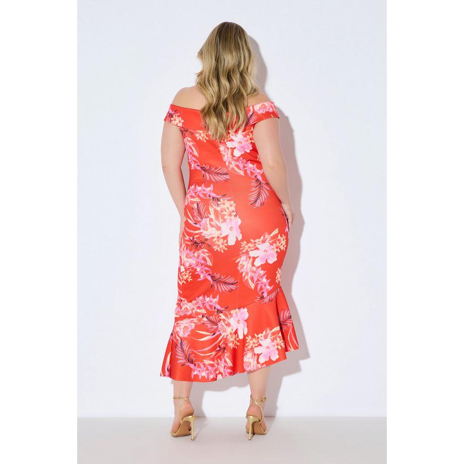 Ulla Popken Scuba Maxikleid Blumenmuster Carmenausschnitt Drapierung  