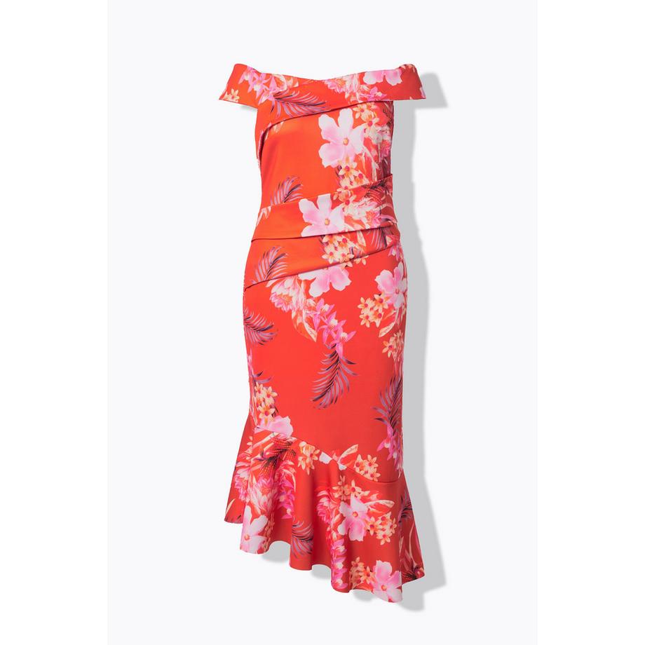 Ulla Popken Scuba Maxikleid Blumenmuster Carmenausschnitt Drapierung  