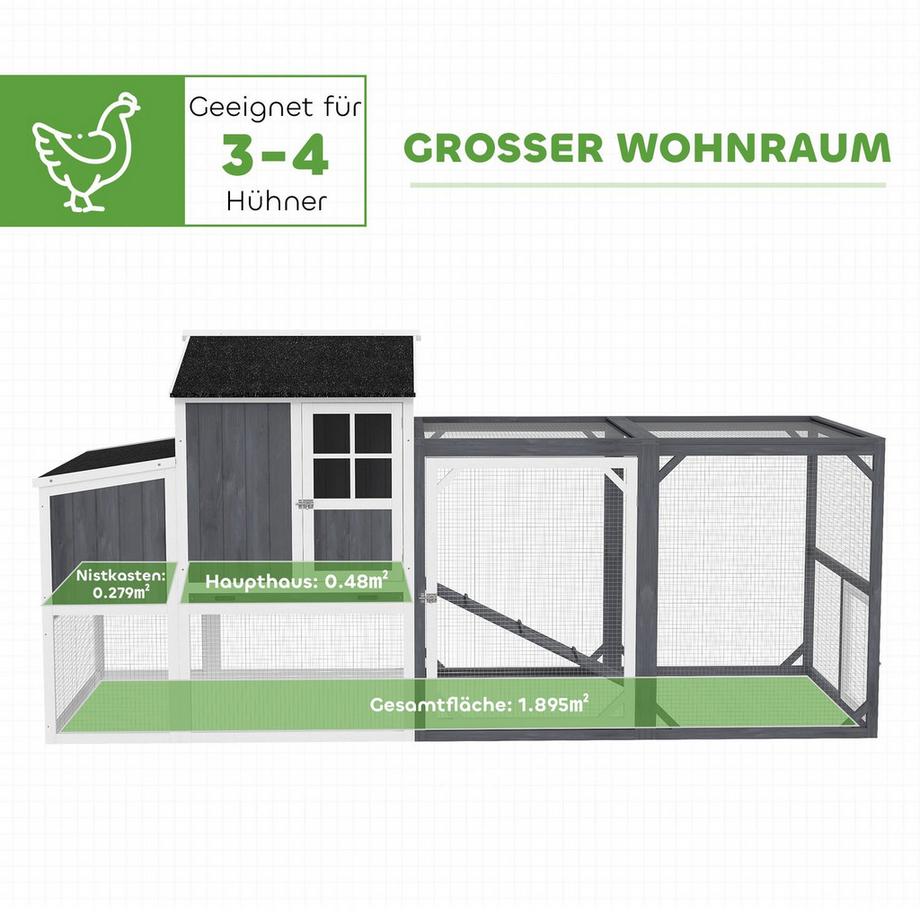 Northio  Hühnerstall, 236,5 x 91 x 114 cm Hühnergehege mit Nistkasten, Freigehege, Hühnerhaus aus Holz mit 2 Sitzstangen, wasserfester Anstrich, für 3-4 Hühner, Grau 