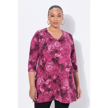 T-shirt long, coupe évasée, décolleté en V et manches 3/4