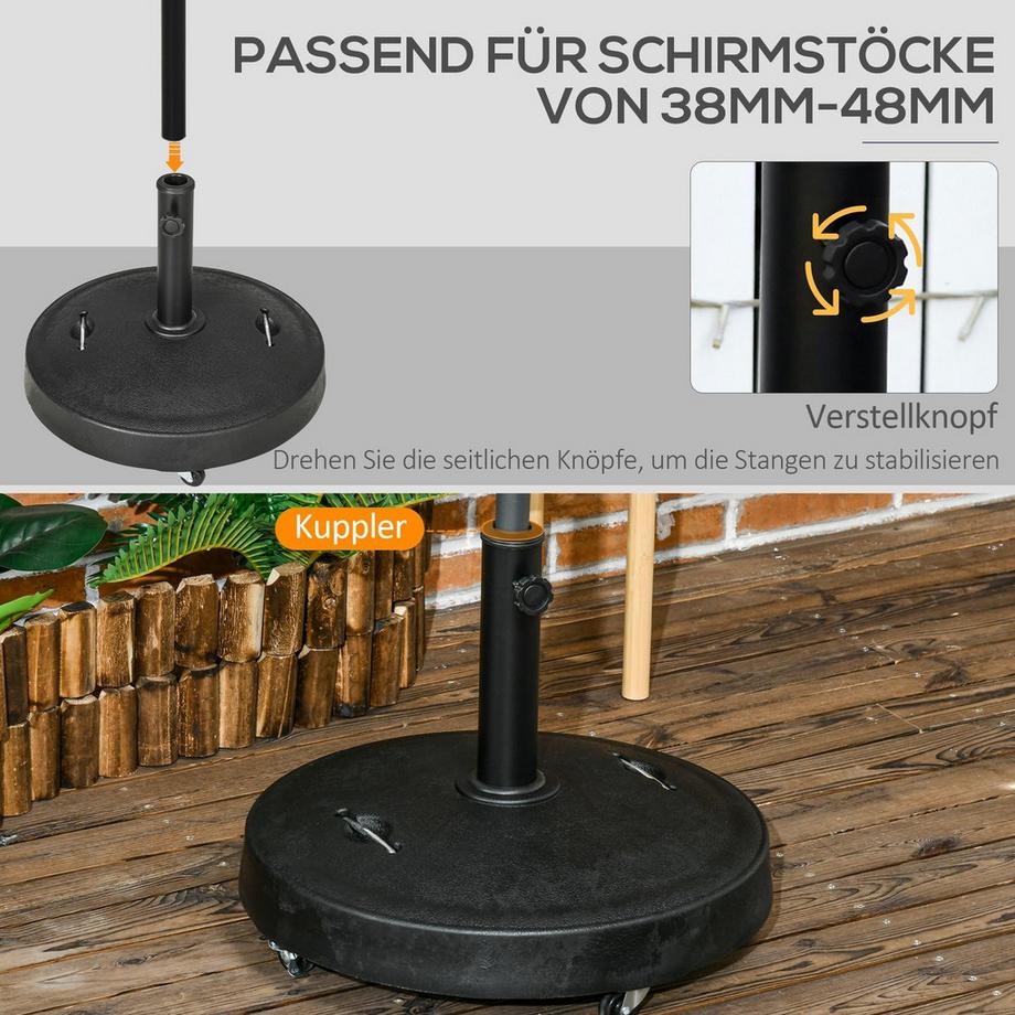 Northio Pied de parasol 23,5kg porte-parapluie mobile avec roulettes pour mâts Ø38/48mm résine synthétique pour balcon de jardin noir  