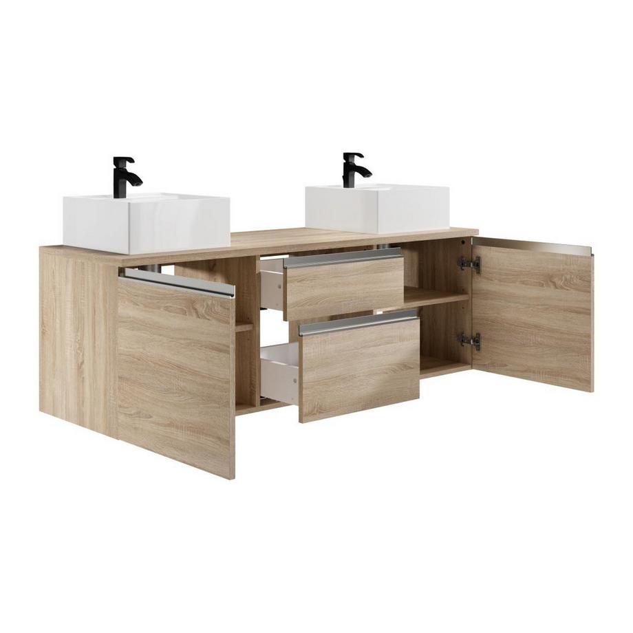 Vente-unique Waschbeckenunterschrank hängend mit Doppelwaschbecken - Holzfarben hell - 150 cm - JIMENA II  