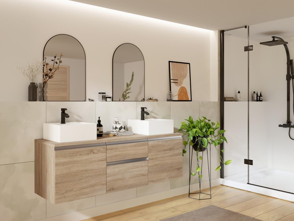 Vente-unique Mobile per bagno sospeso con doppio lavabo 150 cm Naturale chiaro - JIMENA II  