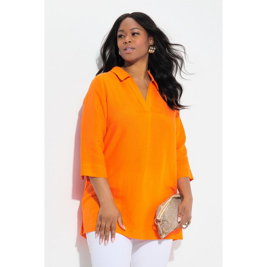 Ulla Popken Tunica Lunga Collo Camicia Maniche 3/4 Taglio Svasato  