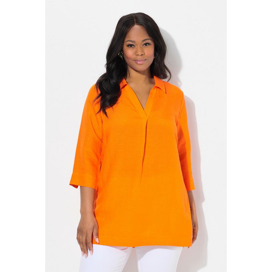 Ulla Popken Tunica Lunga Collo Camicia Maniche 3/4 Taglio Svasato  