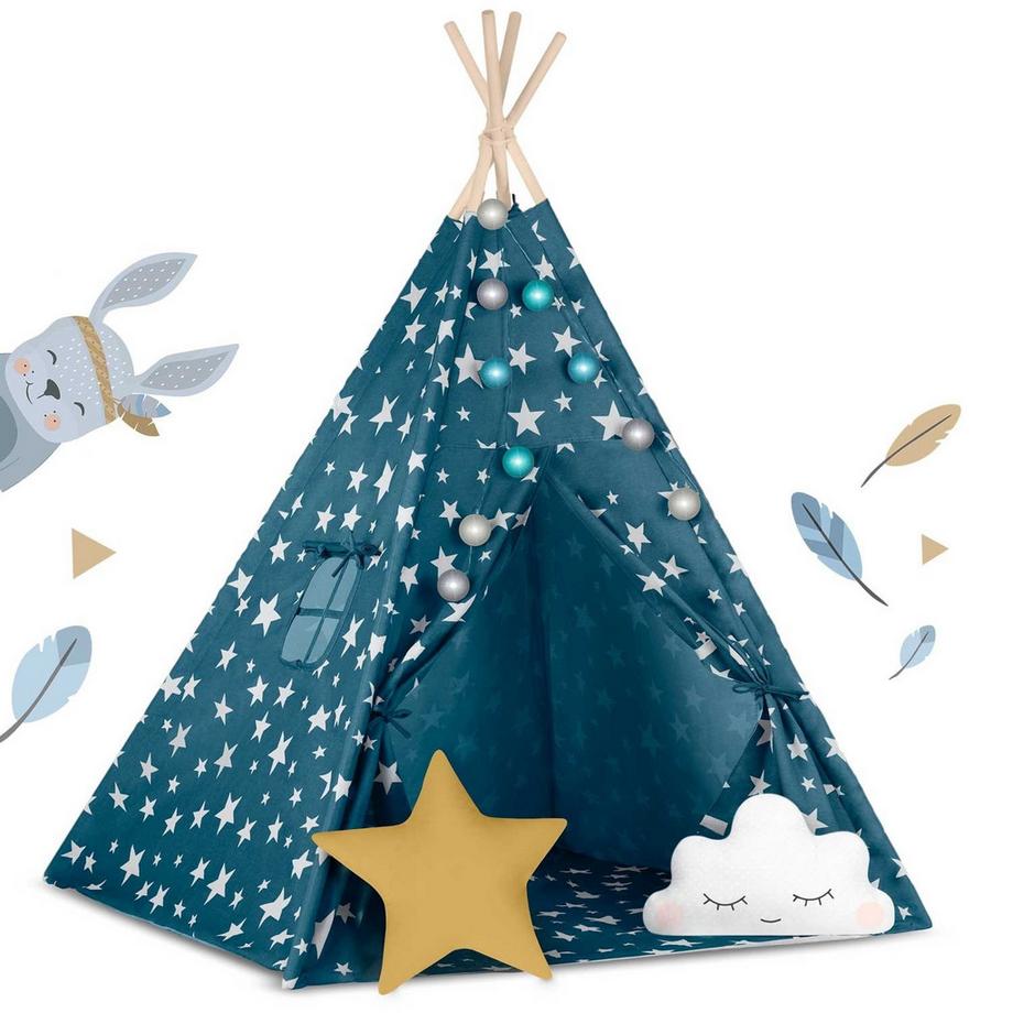 B2X  Tenda teepee per bambini con luci, blu, in tessuto di cotone 