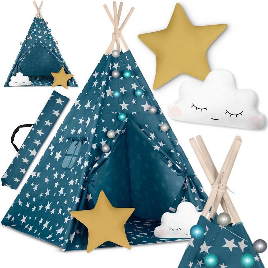 B2X  Tenda teepee per bambini con luci, blu, in tessuto di cotone 