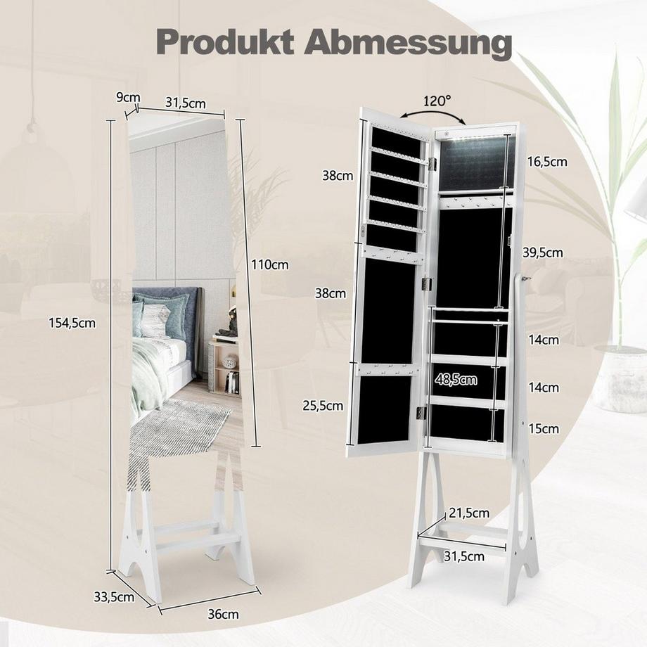 Northix Specchio da terra per armadietto per gioielli 2 in 1 con 12 LED Armadietto a specchio con serratura con specchio a figura intera bianco  