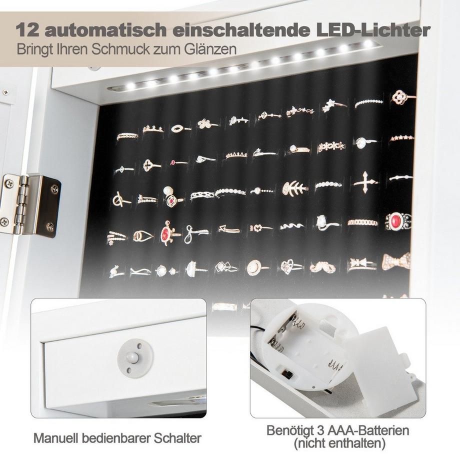 Northix Specchio da terra per armadietto per gioielli 2 in 1 con 12 LED Armadietto a specchio con serratura con specchio a figura intera bianco  