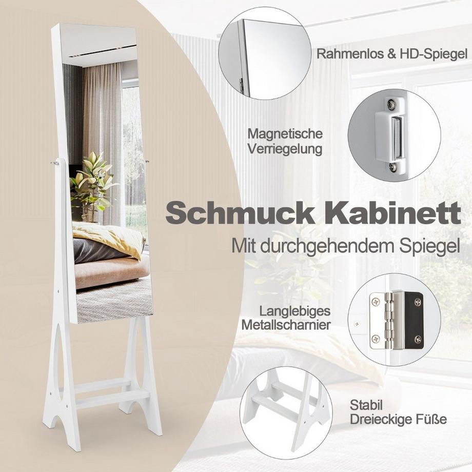 Northix Specchio da terra per armadietto per gioielli 2 in 1 con 12 LED Armadietto a specchio con serratura con specchio a figura intera bianco  