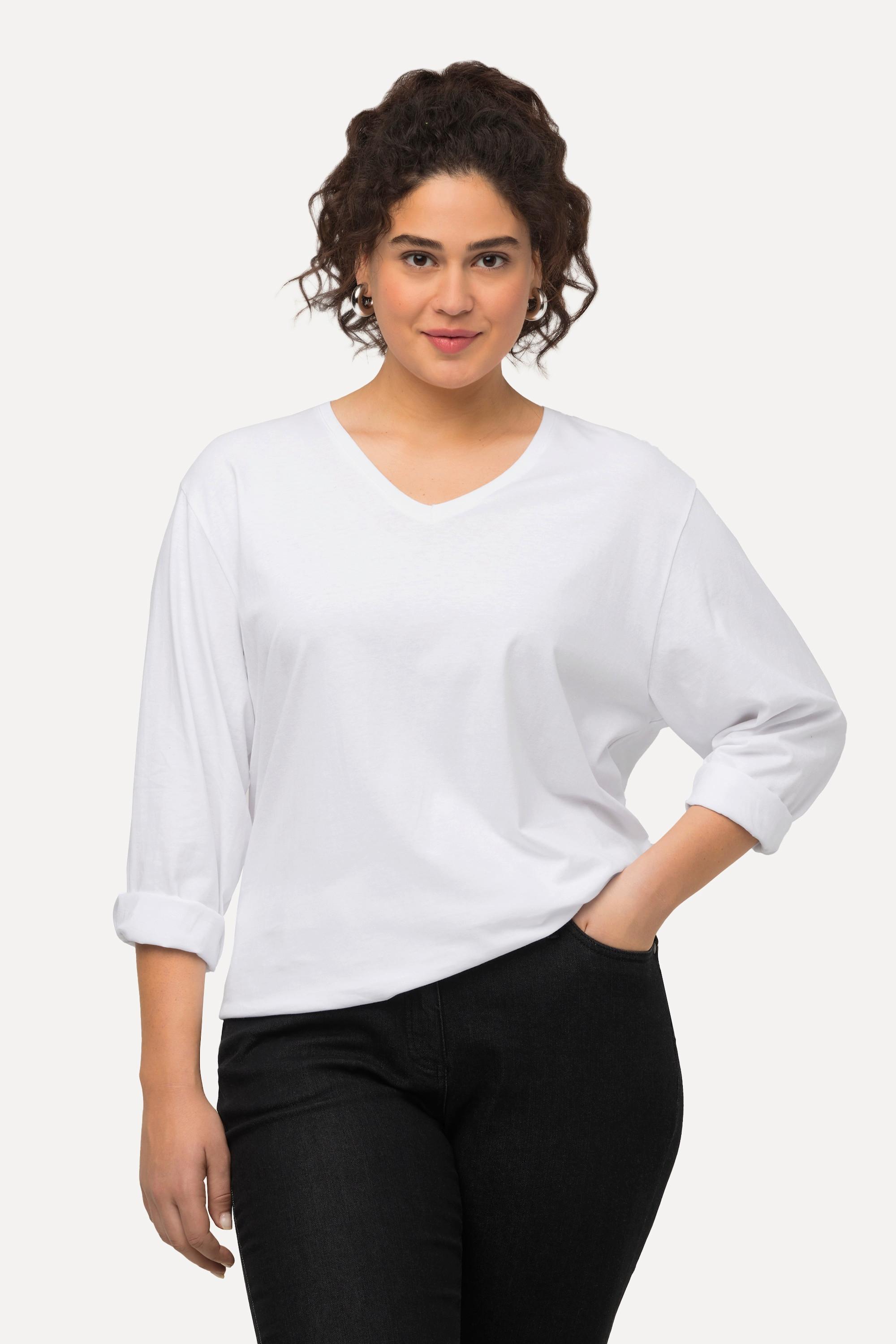 Ulla Popken  T-shirt coupe Relaxed Fit, col en V et manches longues 