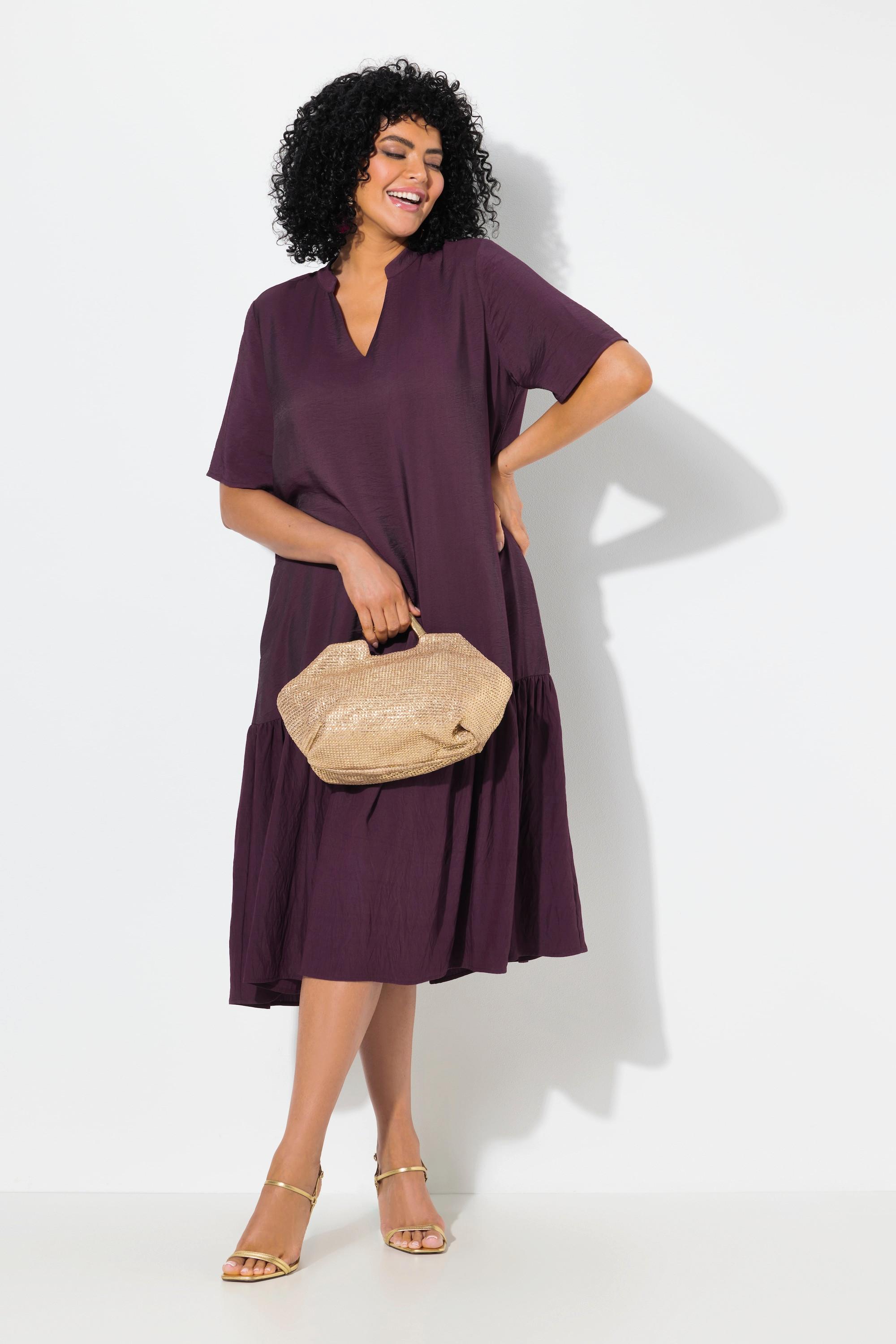 Ulla Popken Robe Midi Ourlet Volanté Coupe Évasée Col V Manches Courtes  