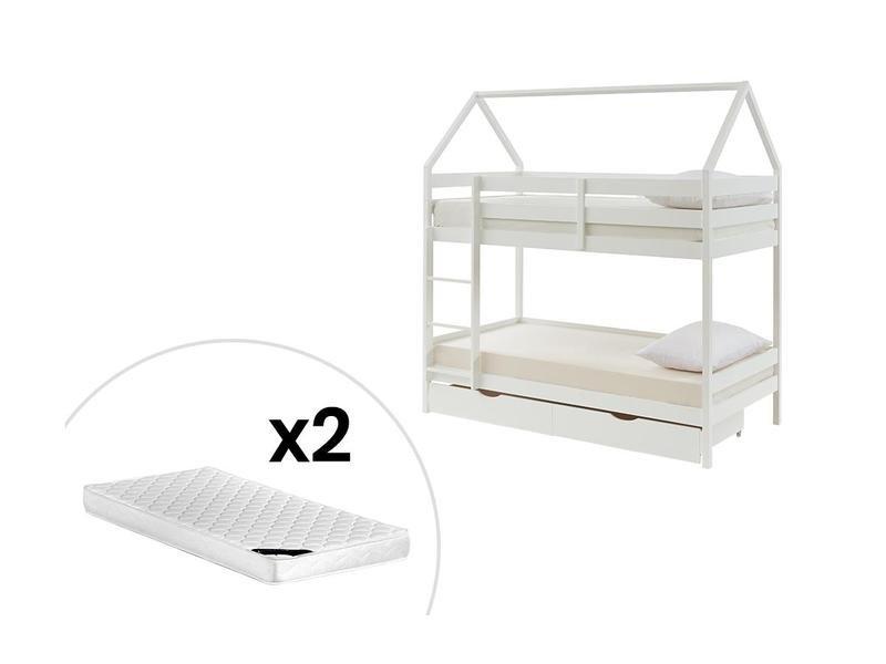 Vente-unique Lits superposés cabane 2 x 90 x 190 cm - 2 tiroirs - Pin - Blanc + Matelas - CHORI  