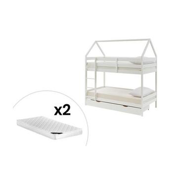 Letto a castello capanna 2 x 90 x 190 cm 2 cassetti Pino Bianco + Materasso - CHORI