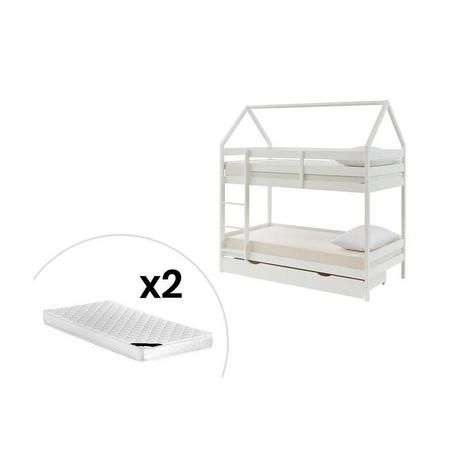 Vente-unique Lits superposés cabane 2 x 90 x 190 cm - 2 tiroirs - Pin - Blanc + Matelas - CHORI  