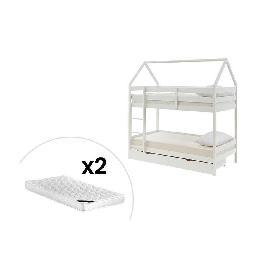 Lits superposés cabane 2 x 90 x 190 cm - 2 tiroirs - Pin - Blanc + Matelas - CHORI