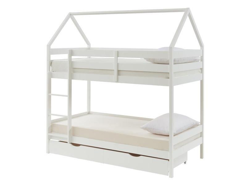 Vente-unique Lits superposés cabane 2 x 90 x 190 cm - 2 tiroirs - Pin - Blanc + Matelas - CHORI  