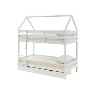 Vente-unique Lits superposés cabane 2 x 90 x 190 cm - 2 tiroirs - Pin - Blanc + Matelas - CHORI  