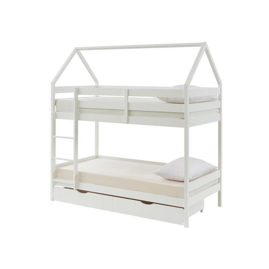 Vente-unique Etagenbett Hausbett mit 2 Schubladen + Matratze - Kiefernholz - 2 x 90 x 190 cm - Weiß - CHORI  