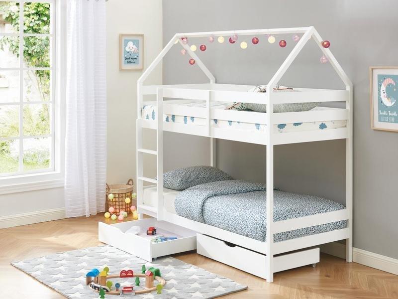 Vente-unique Lits superposés cabane 2 x 90 x 190 cm - 2 tiroirs - Pin - Blanc + Matelas - CHORI  