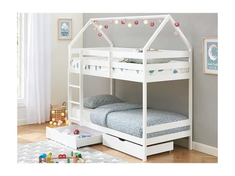 Vente-unique Lits superposés cabane 2 x 90 x 190 cm - 2 tiroirs - Pin - Blanc + Matelas - CHORI  