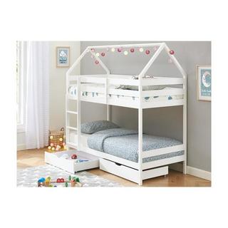 Vente-unique Lits superposés cabane 2 x 90 x 190 cm - 2 tiroirs - Pin - Blanc + Matelas - CHORI  