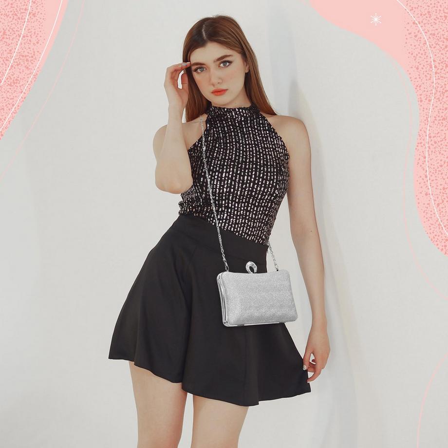 Only-bags.store Pailletten Strass Abendtasche mit Kette  