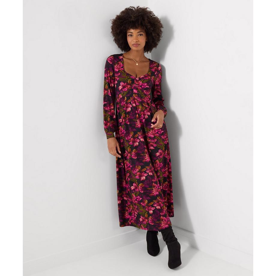 Midikleid aus Jersey mit langen Ärmeln und Lilien-Print