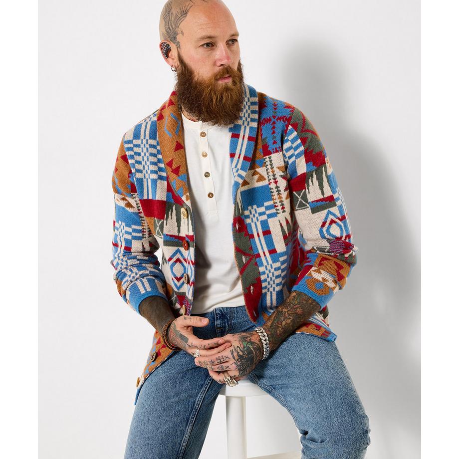 Patchwork-Strickjacke mit Schalkragen und Aztekenmuster